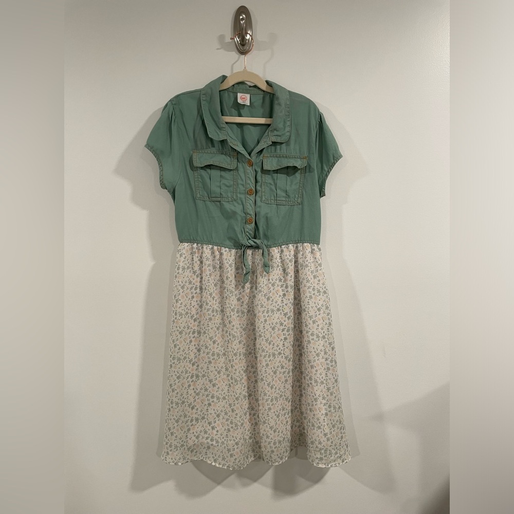 Green Button-Up Dress with Floral Skirt